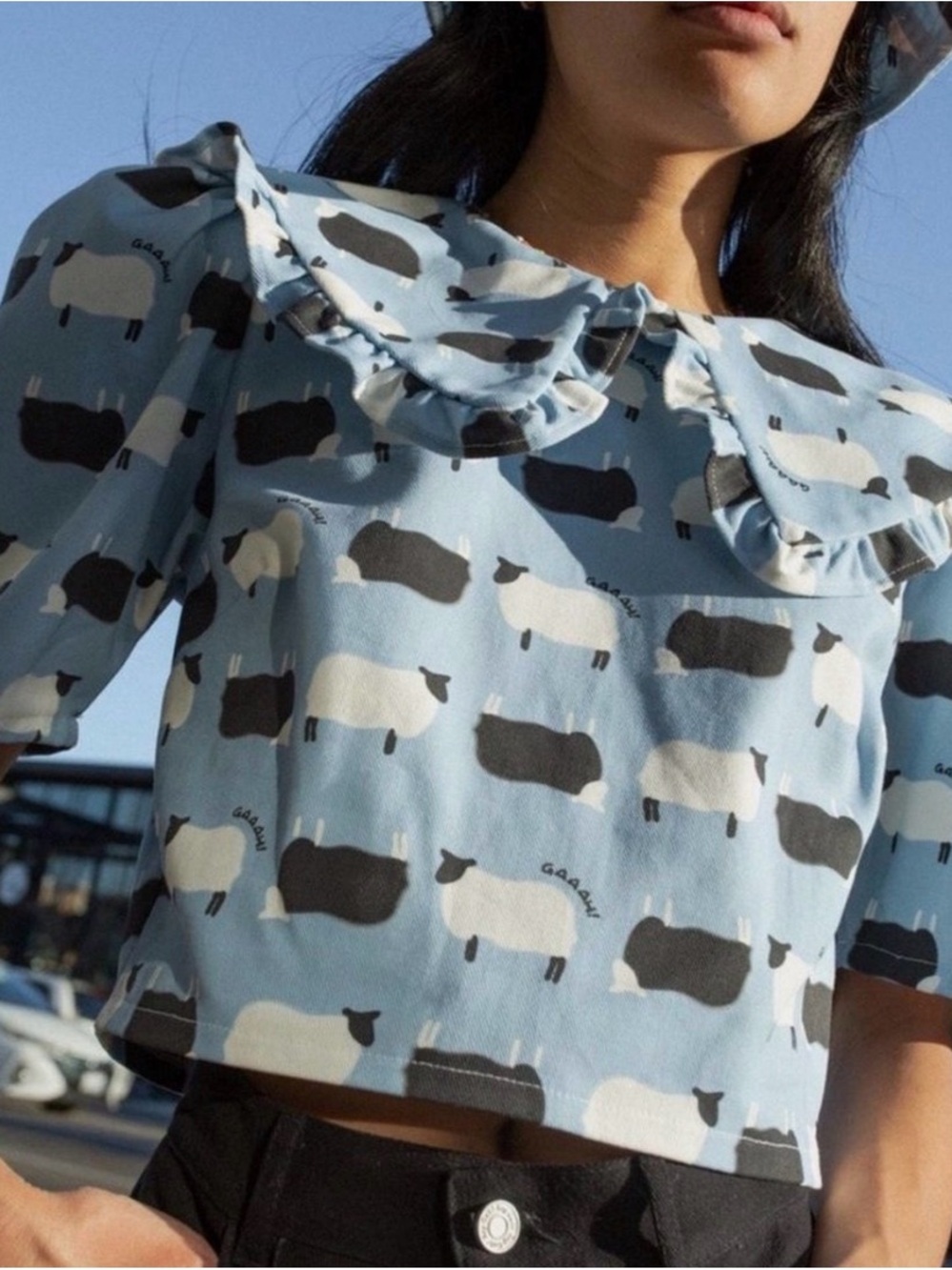 Lisa Says Gah Blue Sheep Print Cropped Top